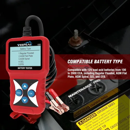 Vista 5 de Veepeak Probador de Batería de Coche de 12V, Probador de Carga Automotriz de 100-2000 CCA, Analizador de Alternador, Herramienta de Prueba Digital
