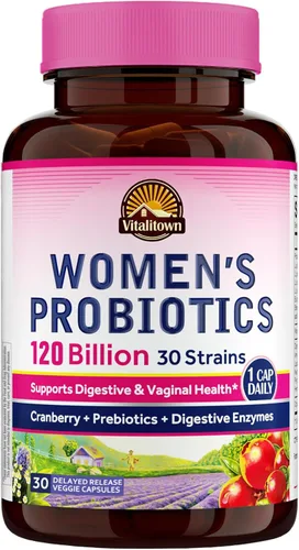 Vitalitown Probióticos para mujeres, 120 mil millones de UFC, 30 cepas, con prebióticos y enzimas digestivas y arándano, salud intestinal y vaginal,