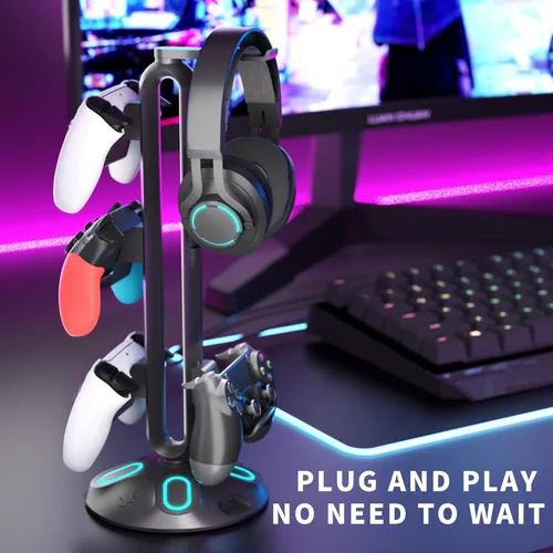 Vista 5 de Gaming RGB Headphone Stand, Controller Holder with 9 Light Modes and 2 USB Charging Ports and 3.5mm & Type-C - Controller Stand Hanger Accessories