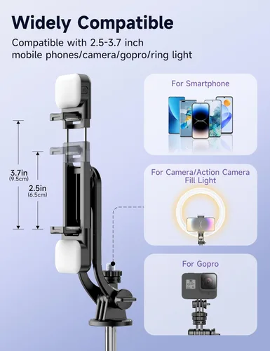 Vista 5 de Trípode para selfie stick de 53 pulgadas con luz, palo selfie extensible con control remoto, soporte de trípode portátil para teléfono celular