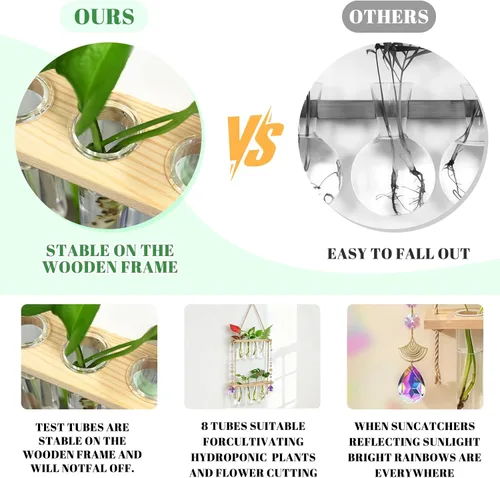 Vista 3 de Estaciones de propagación colgantes con atrapasoles de cristal, macetas de pared de vidrio para plantas de interior, hidroponía, soporte de madera