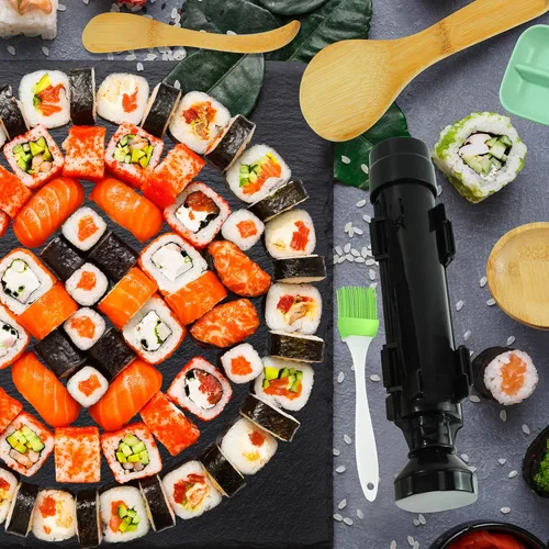 Vista 4 de Kit de fabricación de sushi, kit de 27 piezas para hacer sushi para principiantes, kit de rodillo de sushi, kit de sushi con alfombrilla de sushi