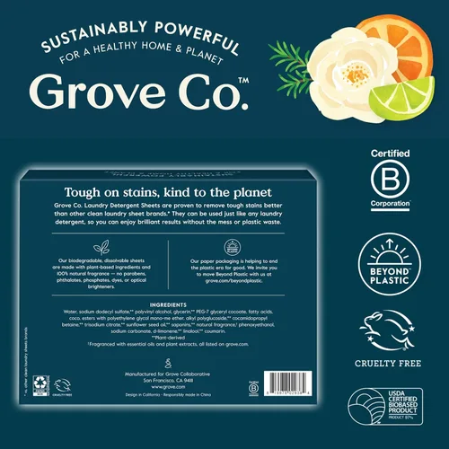 Vista 8 de Grove Co. Hojas de detergente para ropa, hojas de lavado de disolución Power Clean (paquete de 2 – 64 cargas), removedor de manchas resistente, sin