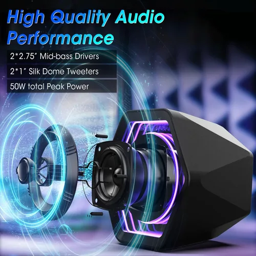 Vista 11 de Altavoces para juegos de computadora, altavoces de escritorio activos de 50 W con espejo infinito túnel 3D RGB (8 modos), Bluetooth 5.3, entrada