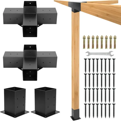 Kit de soportes para cenador – 2 juegos 4x4 (real: 3.5 x 3.5) 4 vías ángulo recto soportes de esquina con base de poste de pérgola para madera de 4