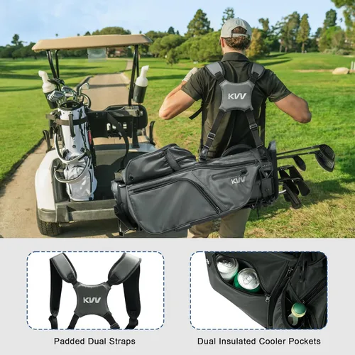 Vista 6 de KVV Bolsa de golf de 14 vías, bolsa de golf híbrida ligera con múltiples bolsillos, correas dobles y cubierta para lluvia, bolsa de golf premium