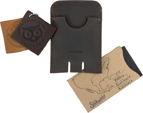 Vista 7 de Hide & Drink, Tarjetero de negocios, organizador de efectivo minimalista hecho a mano de cuero de grano completo, Bourbon Marrón, Classic