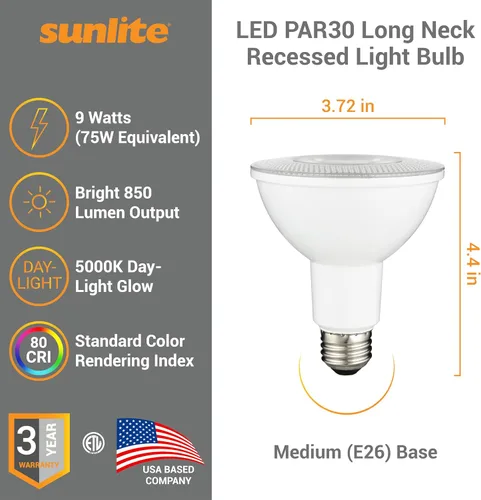 Vista 2 de Sunlite Bombilla LED PAR30 empotrable de cuello largo, 9 W, (ecualizador de 75 W), 850 lm, base E26 media, regulable, certificación ETL, ángulo