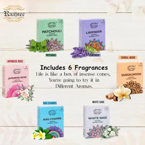Vista 8 de Raajsee Conos de incienso natural, paquete de 6 aromas mixtos, paquete de regalo de 15 piezas cada uno (90 en total), paquete variado de conos