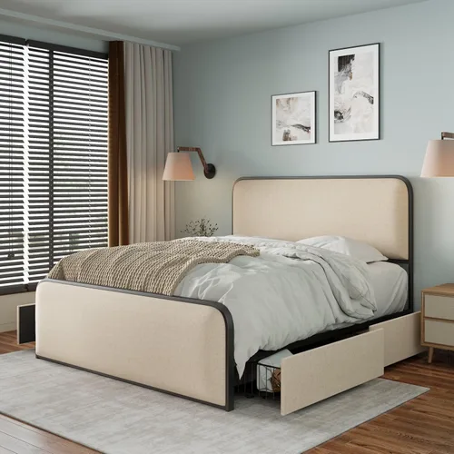 Vista 18 de SOFTSEA Cama de plataforma tapizada tamaño Queen con cajón de almacenamiento, marco de cama tapizado con cabecera con respaldo de alas, soporte
