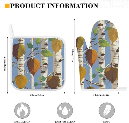 Vista 2 de Birch Leaves Oven Mitts and Pot Holders Set Kitchen Oven Glove Cooking Mitts with Hanging Loop Heat Resistant Potholder Set for Chef Baking Cooking