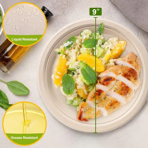 Vista 6 de Platos de papel de 9 pulgadas, paquete de 50 platos reciclados ecológicos, platos desechables 100% compostables, platos resistentes tamaño cena