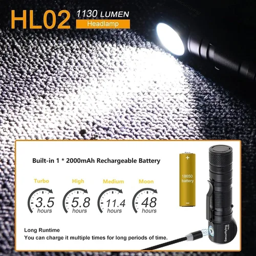 Vista 7 de SecurityIng Linterna frontal LED recargable, 1130 lúmenes súper brillante con 9 modos, impermeable, portátil, duradera, carga magnética, linterna