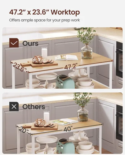 Vista 5 de VASAGLE Isla de cocina con 3 estantes, estante de cocina de 47.2 pulgadas con encimera grande, estructura de acero estable, industrial, fácil