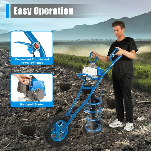 Vista 5 de Excavadora de agujeros para postes de 63 CC, taladro de tierra a gas de 2 tiempos, excavadora manual de gasolina de 3 HP, potencia de taladro