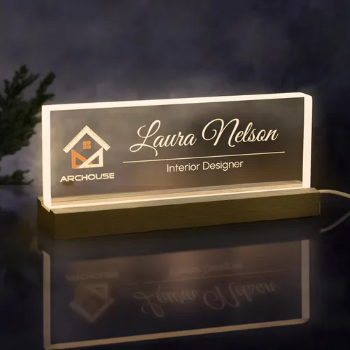 Placa de identificación acrílica personalizada con nombre y título – Letrero de escritorio personalizado con soporte de luz LED opcional para