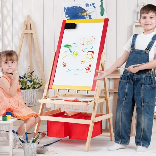 Vista 2 de HONEY JOY Caballete para niños, caballete de madera de doble cara con pizarra magnética y pizarra blanca, rollo de papel, accesorios de pintura
