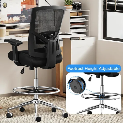Vista 9 de Silla de dibujo ergonómica alta para escritorio de pie, cojín extra ancho de 21 pulgadas, brazos ajustables, ruedas de bloqueo de presión, malla
