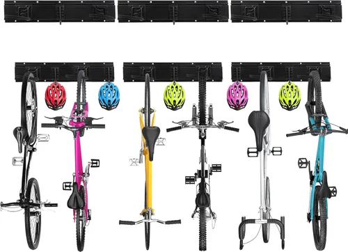 Vista 8 de Sinoer Estante de almacenamiento para bicicletas, colgador de almacenamiento para bicicletas, 4 bicicletas + 3 cascos, soporte vertical resistente