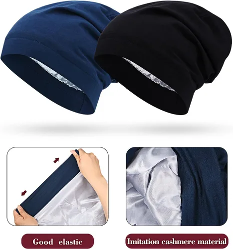Vista 2 de 4 Pieces Satin Lined Beanie Cap Satin Sleep Lined Hat Slouchy Beanie Hat Night Silk Hair Cap for Women Men