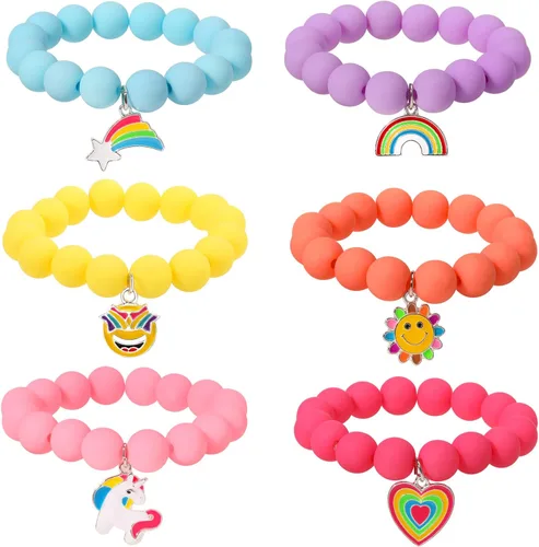 Vista 7 de PinkSheep Pulsera Arcoíris Pulseras de Cuentas Coloridas para Niñas Pequeñas Rellenos de Canasta Pulseras con Dijes de Unicornio Mariposa Conejito