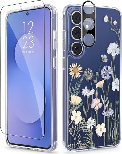 Vista 20 de GVIEWIN Funda protectora para Samsung Galaxy S25, transparente floral, delgada, a prueba de golpes, para mujer, no se pone amarilla, con protector