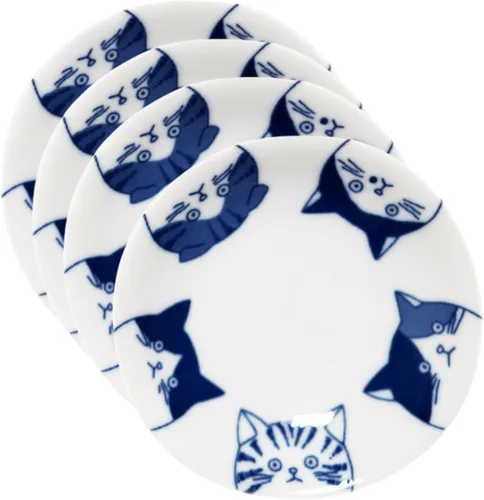 Platos pequeños de cerámica con diseño de gato japonés, juego de 4, ideales para sushi, salsas y postres, quinteto para gatos
