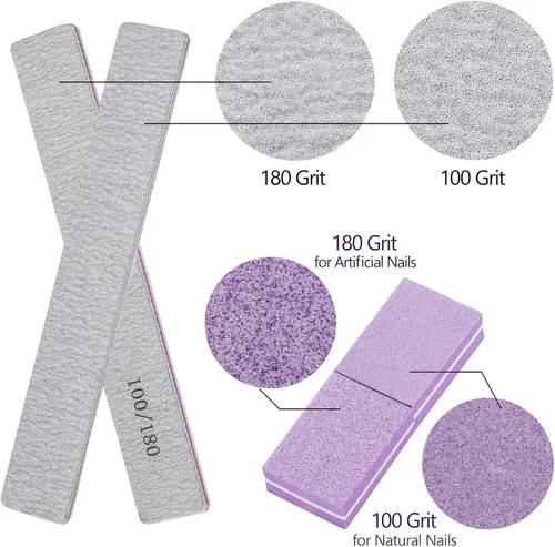Vista 3 de 25 limas de uñas para uñas acrílicas y 50 limas de bloque de tampón, grano 100/180 pulidor de uñas de doble cara, limas de uñas de doble cara