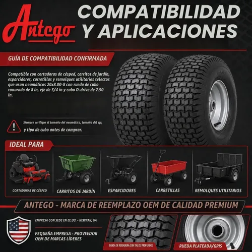 Vista 5 de Juego de 2 neumáticos de césped para cortacésped y jardín de 20 x 8.00-8 – 4 capas con rueda de cubo con llave, compatible con Husqvarna y algunos