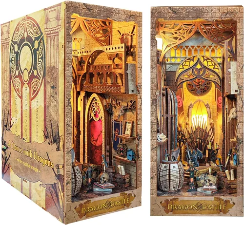 Spilay Kit de montaje de rincón de libro en miniatura para casa de muñecas en 3D, rompecabezas de madera 3D, decoración con LED, sujetalibros