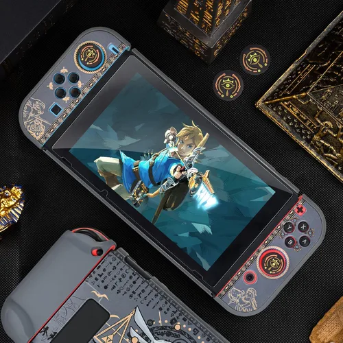 Vista 6 de DLseego Dockable Protective Case Compatible with Nintendo Switch Zelda Frosted Hard Cover with 2 pcs Glass Screen Protectors and 4 pcs Thumb Grip