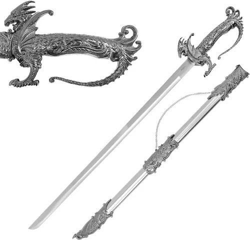 Vista 9 de Medieval Dragon Sword – Decorative Replica Display Piece, Dull Blade Collectible, Knight Fantasy Sword for Cosplay, Home Decor and Collections