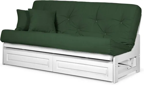 Vista 15 de Juego de futón Nirvana Futons Arden blanco, completo o queen, marco de futón de madera sin brazos con colchón incluido, cómodo, ahorro de espacio