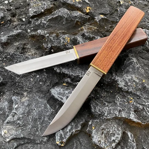 Vista 9 de 2 cuchillos japoneses Katana de hoja fija con mango de madera, cuchillo Tanto de acero D2 + cuchillos de punto de caída con funda de madera