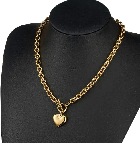 Vista 3 de Juego de collar de plata chapada en oro rosa de 18 quilates, cadena gruesa de acero inoxidable, gargantilla de corazón para mujer, juego de joyería