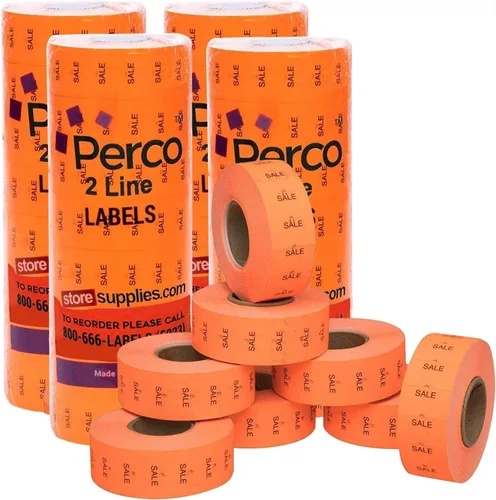 Vista 25 de Perco Etiquetas amarillas de 2 líneas, 8 rollos, 1 manga, 6,000 etiquetas de precio en blanco y fecha para pistolas Perco de 2 líneas de precio