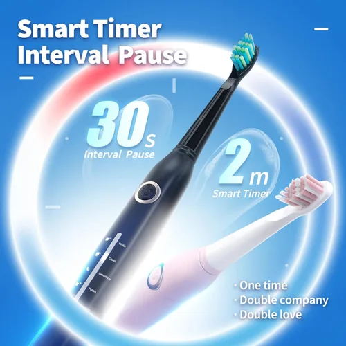 Vista 6 de TEETHEORY Paquete de 2 cepillos de dientes sónicos, cepillo de dientes eléctrico para adultos con 40000 VPM, 5 modos, 12 cabezales de cepillo, 2