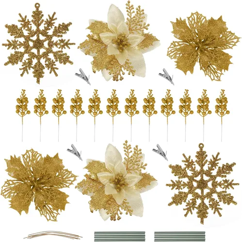 RECUTMS 60 PCS Flores Artificiales de Nochebuena para Decoración del Árbol de Navidad Juego con Clip, 18 Flores de Nochebuena con 12 Tallos de Bayas