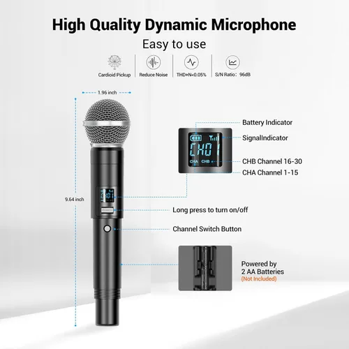 Vista 2 de FDUCE Micrófonos inalámbricos, sistema de micrófono de karaoke dinámico de mano dual inalámbrico para karaoke, fiesta, boda, eventos al aire libre