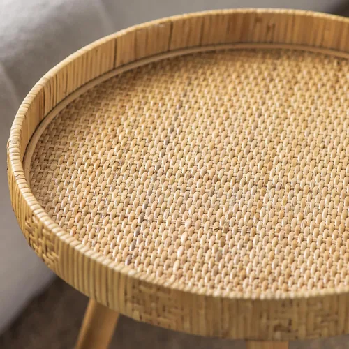 Vista 8 de Mesa auxiliar redonda, mesa auxiliar circular bohemia con patas de madera maciza, mesas auxiliares de ratán, sala de estar para espacios pequeños