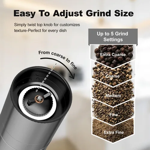 Vista 2 de Aelga Pepper Mill - 4oz Stainless Steel Pepper Grinder Manual with 5-Level Adjustable Coarseness, Wood Lid, Silicone Funnel