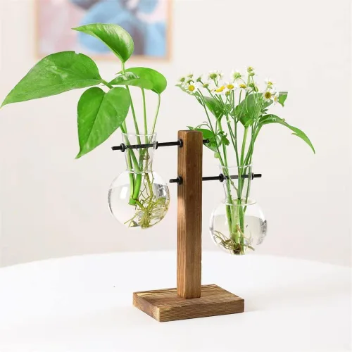 Vista 5 de Jarrón de cristal para plantas hidropónicas, kit de terrario de plantas de escritorio con soporte retro de madera maciza para plantas hidropónicas