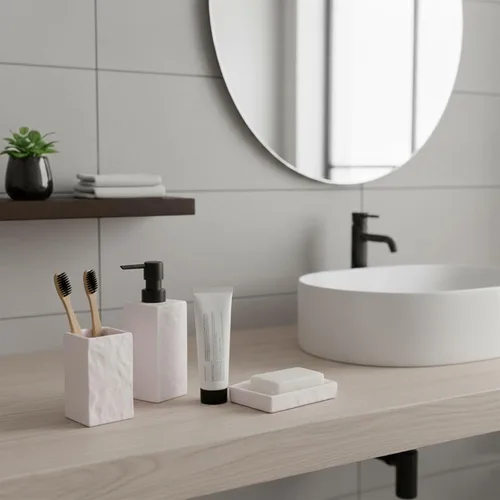 Vista 2 de Colección Stone Effect - Juego de accesorios de baño, color blanco, 4 piezas