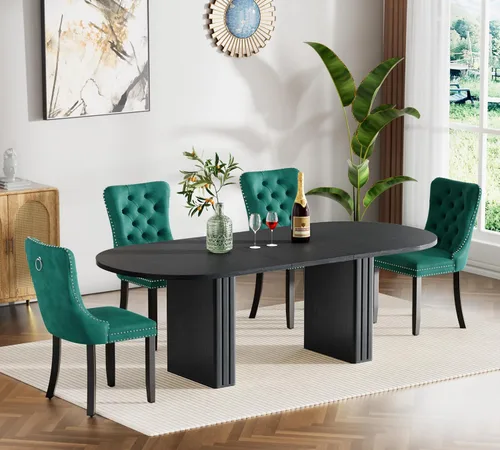 Vista 59 de Pvillez Extendable Dining Table Set of 8, Black Oval Dining Room Table & 8 Black Velvet Dining Chairs with Wood Leg, 62.99"-78.74" Kitchen Table and