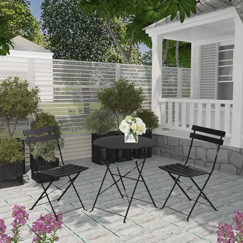 Vista 7 de MONDAWE Juego de 3 piezas para patio, sillas plegables de comedor, mesa plegable con dos sillas, juego de mesa de centro de conversación de hierro