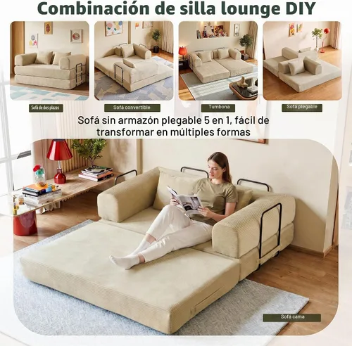 Vista 3 de Sofá Cama Convertible de 59 Pulgadas, Cama de Sofá de Pana Sin Estructura, Sofá Cama Futón Extraíble, Sofá Plegable para Sala de Estar