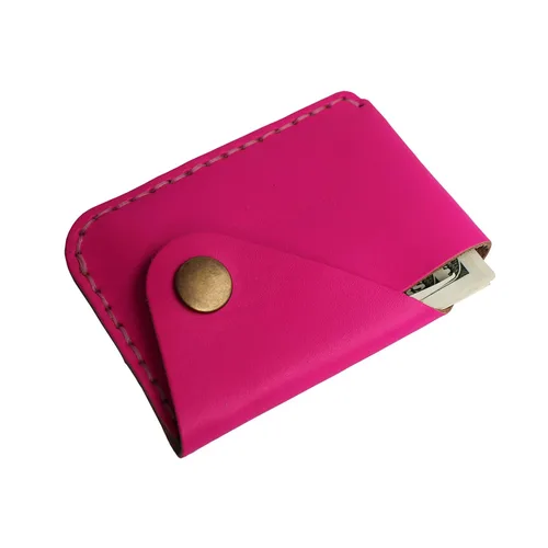 Vista 4 de Handmade Genuine Leather Simple Card Holder with Snap Button - Ultra - Thin and Stylishcard case (Rose red)