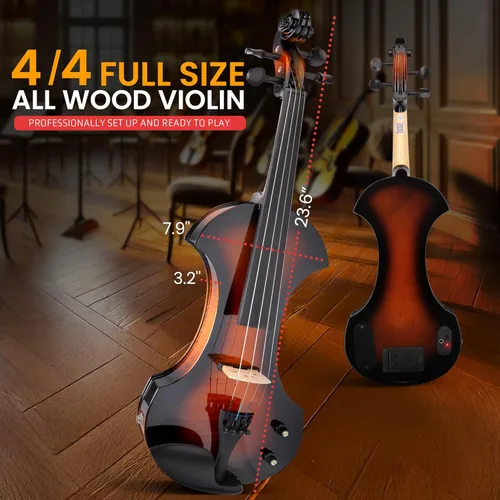 Vista 5 de Pyle Kit de violín eléctrico de tamaño completo, violín silencioso de madera maciza 4/4 con estuche rígido, arco, accesorios de ébano y sintonizador