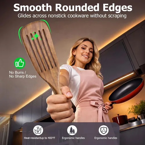 Vista 3 de Cucharas de madera para cocinar, juego de utensilios de cocina de madera de teca de 2 piezas, espátulas de madera antiadherentes, utensilios
