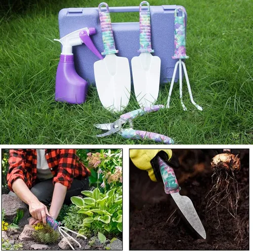 Vista 2 de Herramientas de jardinería, 5 piezas de herramientas de jardín con estampado floral, mango ergonómico, rastrillo de paleta, tijeras de podar